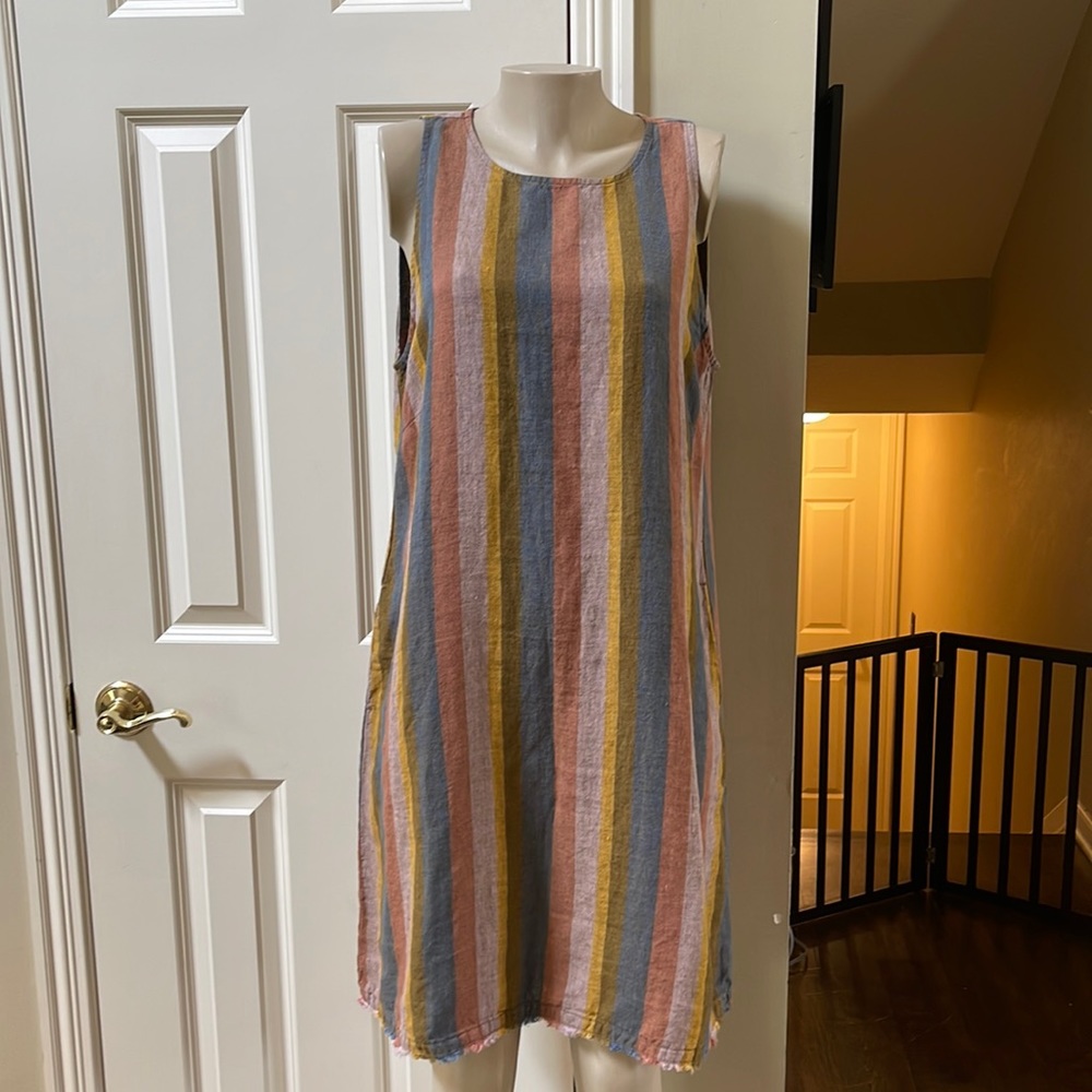 Garnet Hill linen colorful stripe dress, size 14